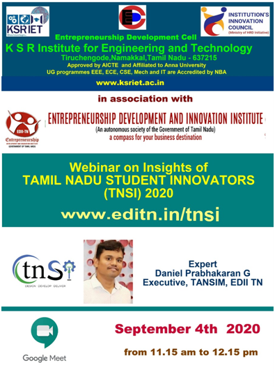 Entrepreneurship Development and Innovation Institute, Tamil Nadu. Organised a webinar on insights of 